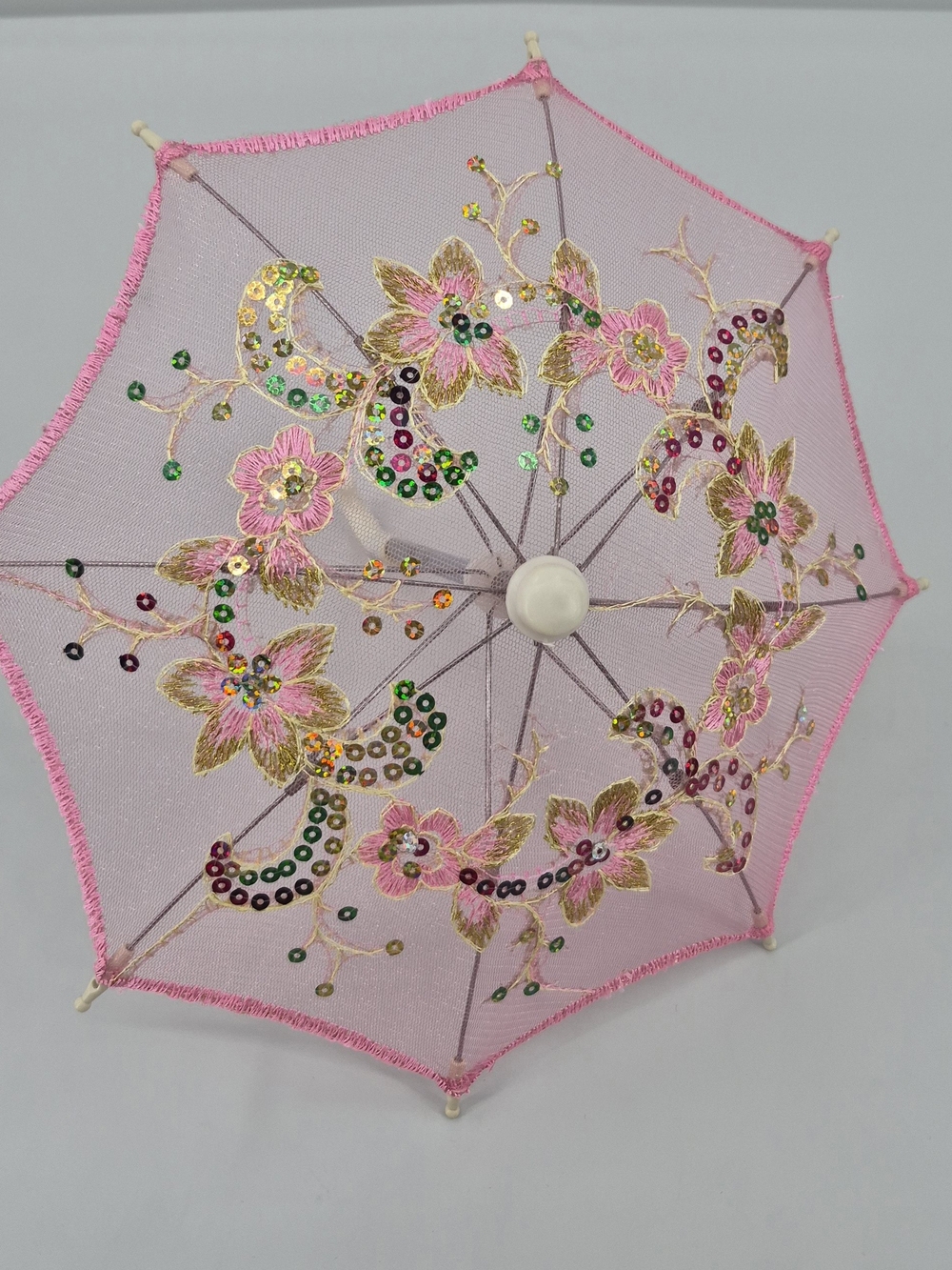 0Pink Embroidered Miniature Umbrella Parasol for Dolls Sequins Danity